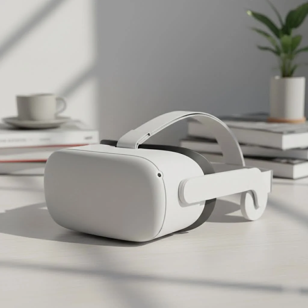 Person wearing a VR headset, immersed in a virtual world
