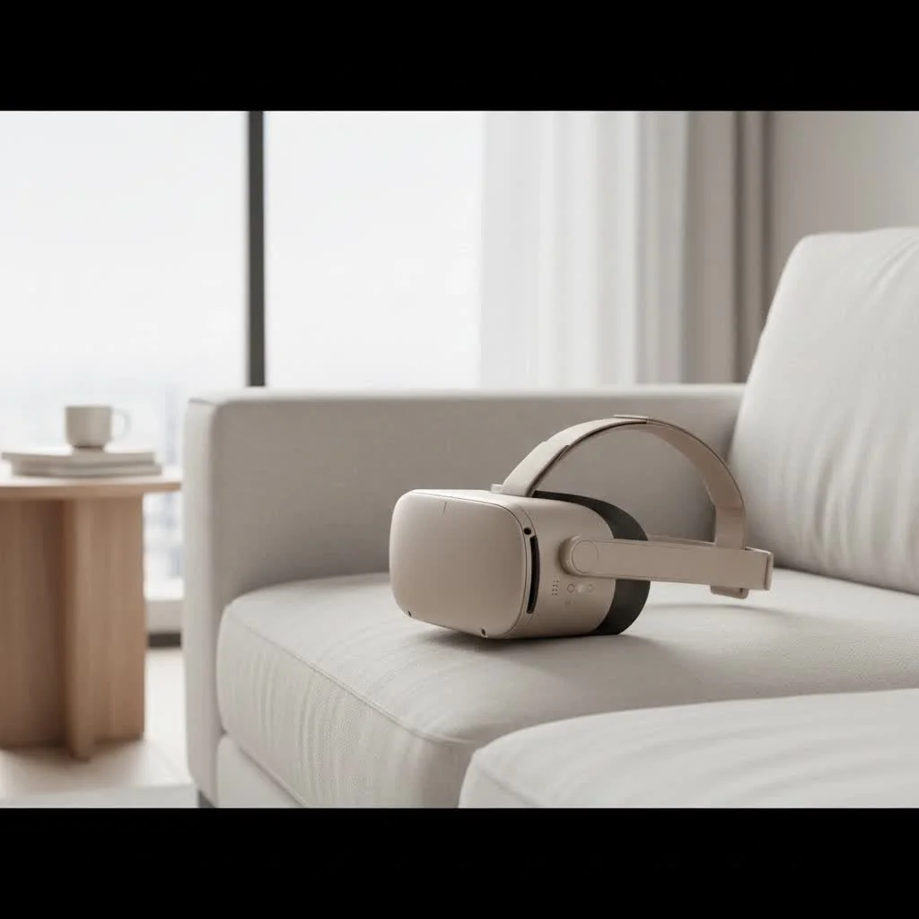 Person wearing a Meta Quest 3 VR headset in a living room