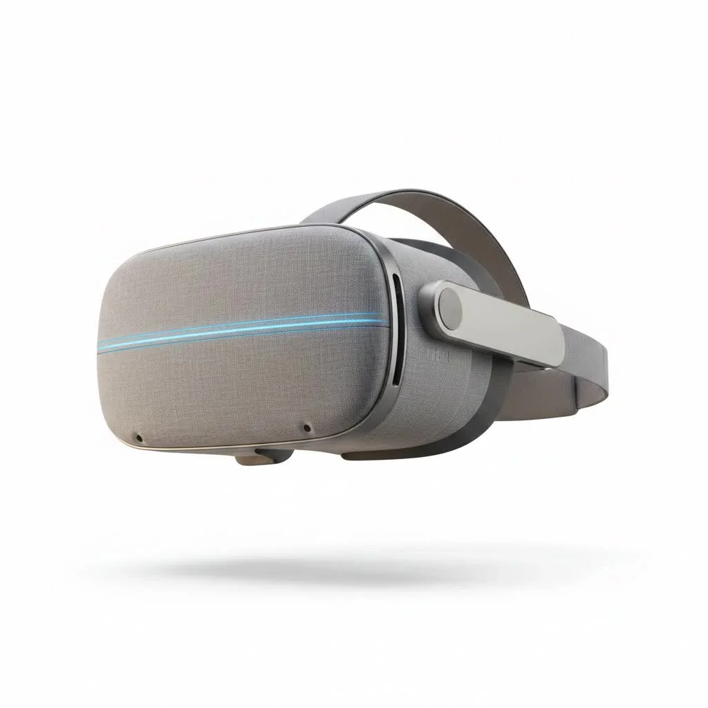 A person wearing a black VR headset, immersed in a virtual world