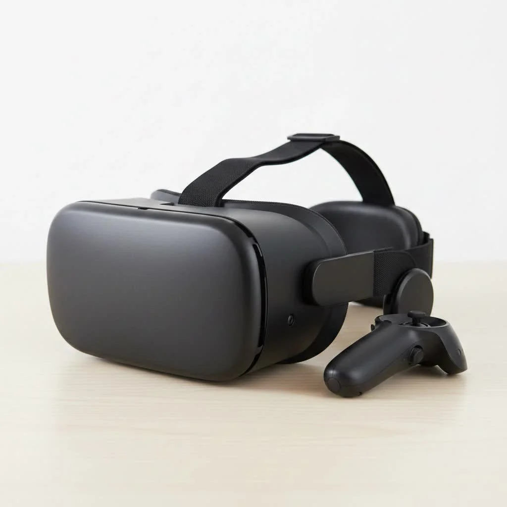 Person wearing a virtual reality headset, looking immersed in the experience