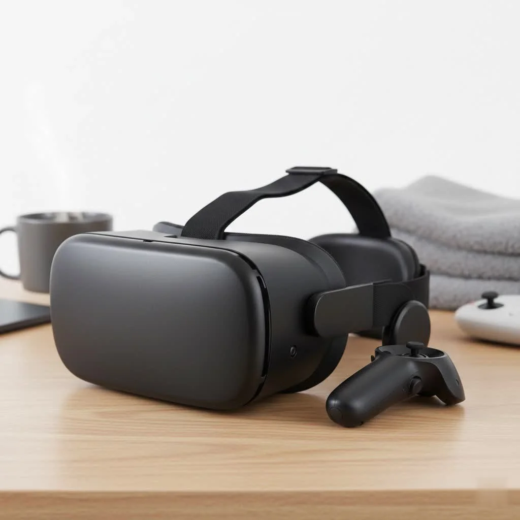 Person wearing a Meta Quest 3 VR headset playing a game