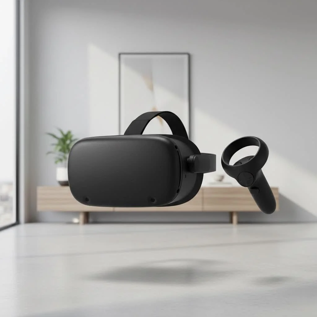 Person wearing a standalone VR headset, enjoying a virtual reality experience