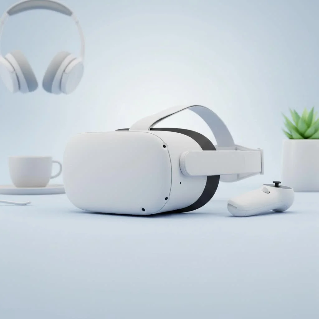 Person wearing a VR headset, interacting with virtual elements