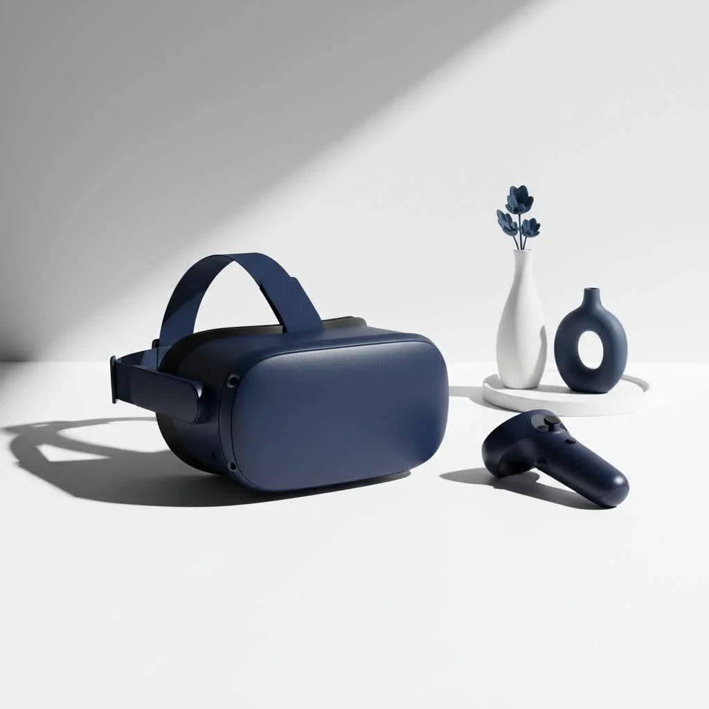 Person wearing a virtual reality headset with a futuristic interface