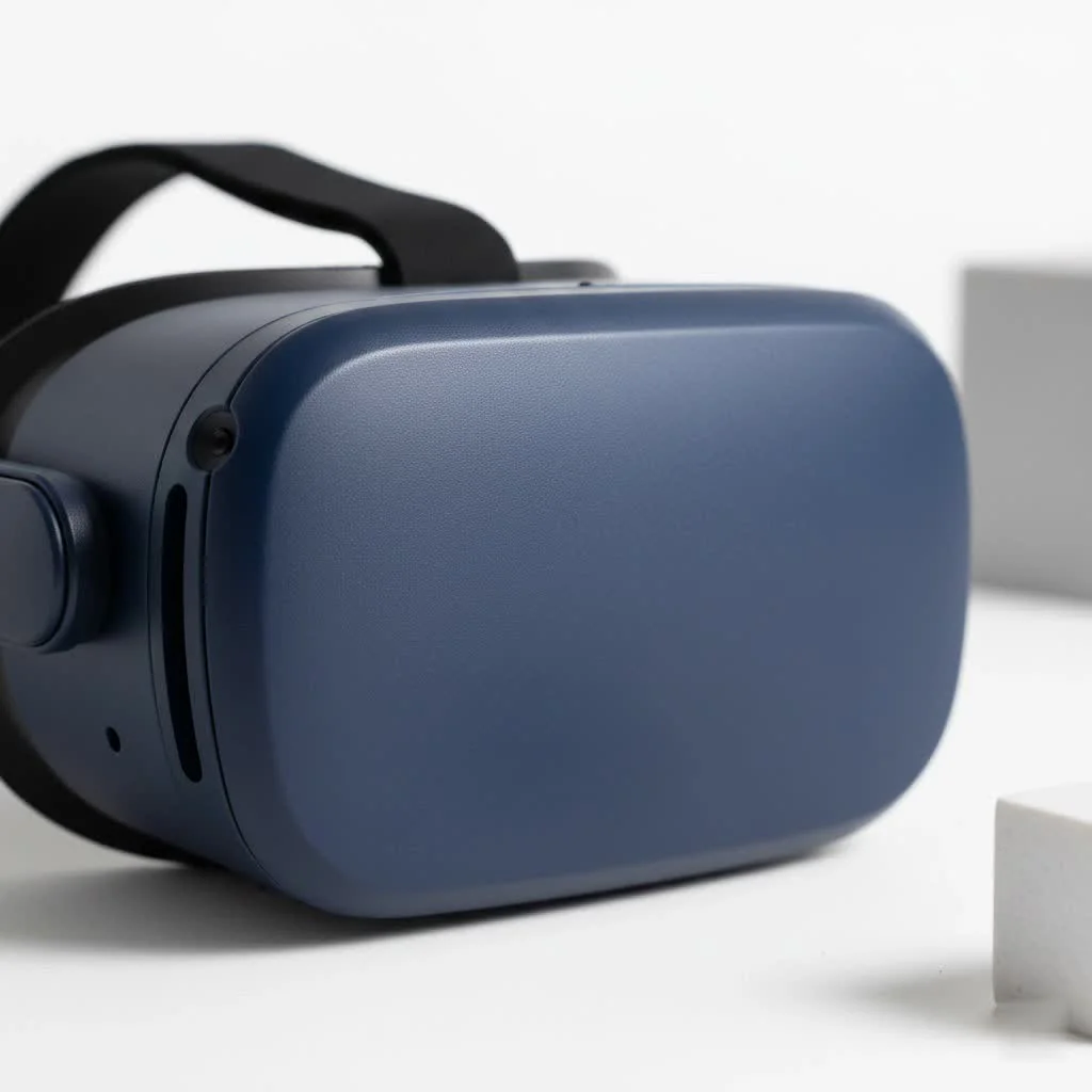 Person wearing a Meta Quest 2 VR headset, smiling