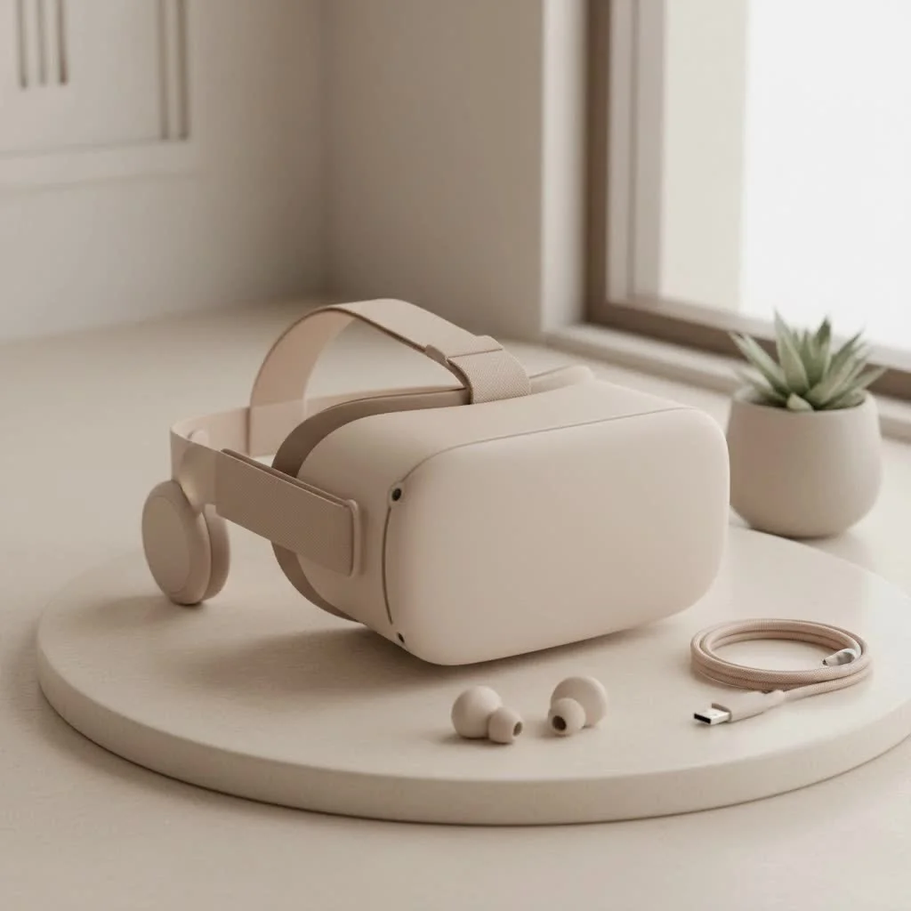 Apple Vision Pro headset displaying a virtual interface in a living room