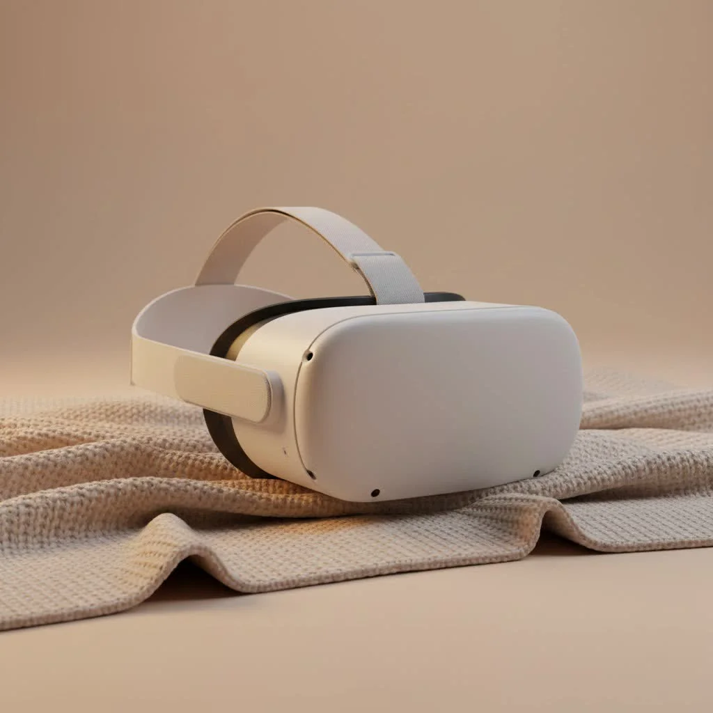 Person wearing a wireless VR headset, immersed in a virtual world