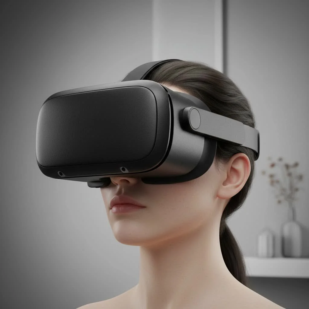 OLED VR headset displaying a vibrant virtual reality scene