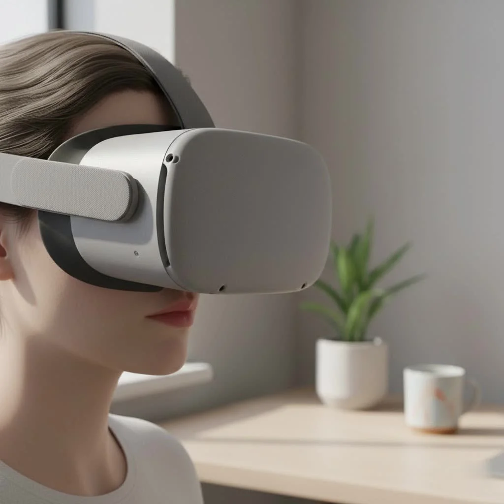 Person wearing a VR headset, experiencing virtual reality