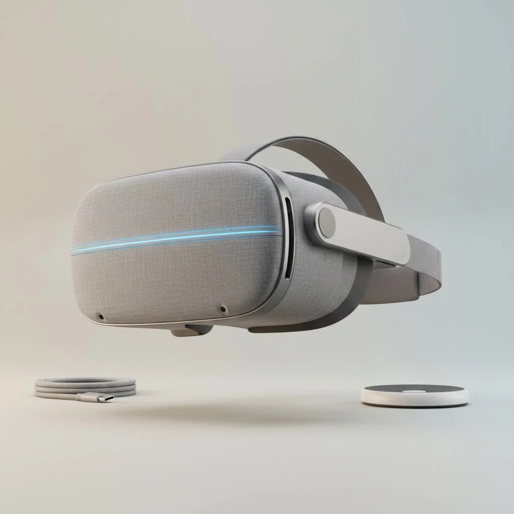 Person wearing a VR headset, immersed in a virtual world