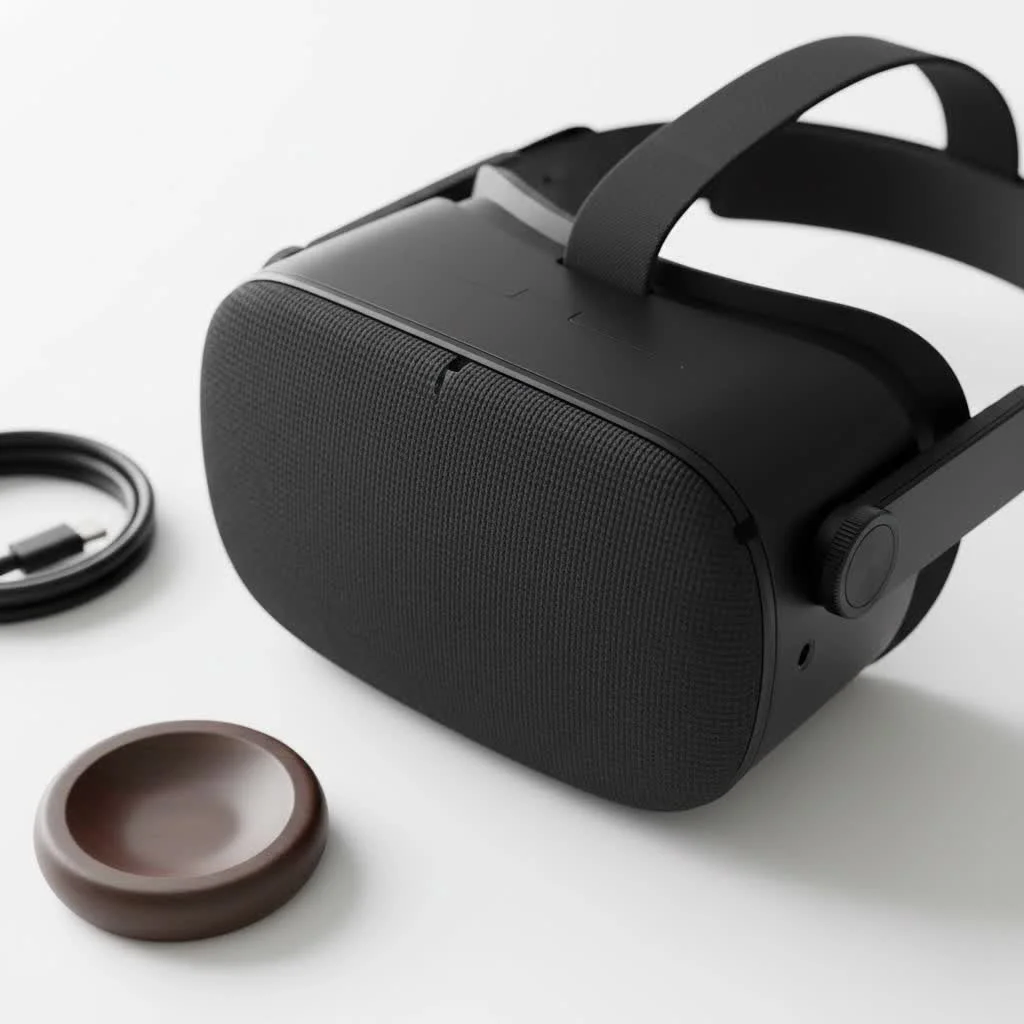 Person wearing a VR headset, immersed in a virtual world